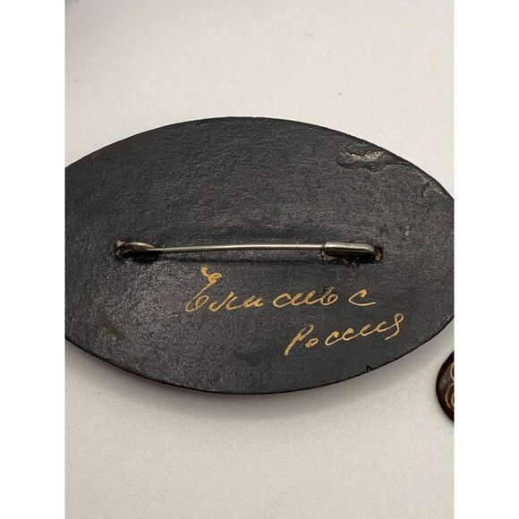 Hand-Painted Russian Floral Brooch & Earrings Set With Rich Glossy Finish - Picture 10 of 12